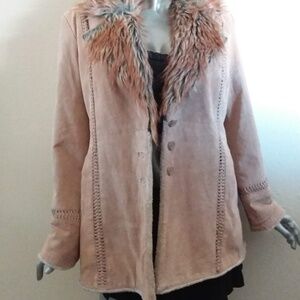 Vintage Outbrook Tan Leather Jacket Size Medium Faux Fur Penny Lane Style Plush